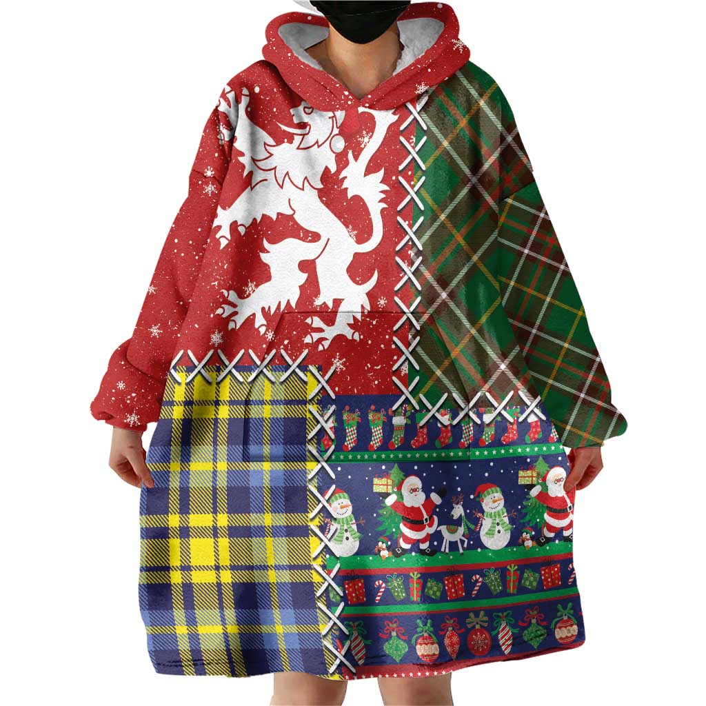 Scottish Christmas Wearable Blanket Hoodie Scotland Lion and Xmas Elements Patch Style - Wonder Print Shop