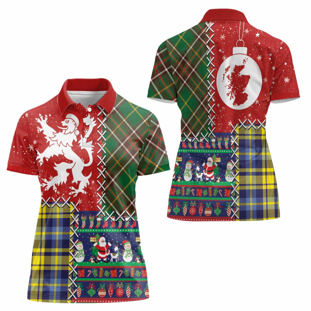 Scottish Christmas Women Polo Shirt Scotland Lion and Xmas Elements Patch Style - Wonder Print Shop