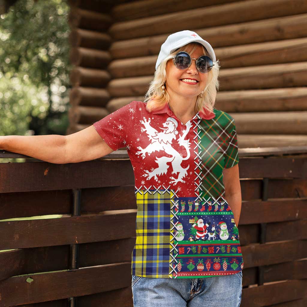 Scottish Christmas Women Polo Shirt Scotland Lion and Xmas Elements Patch Style - Wonder Print Shop
