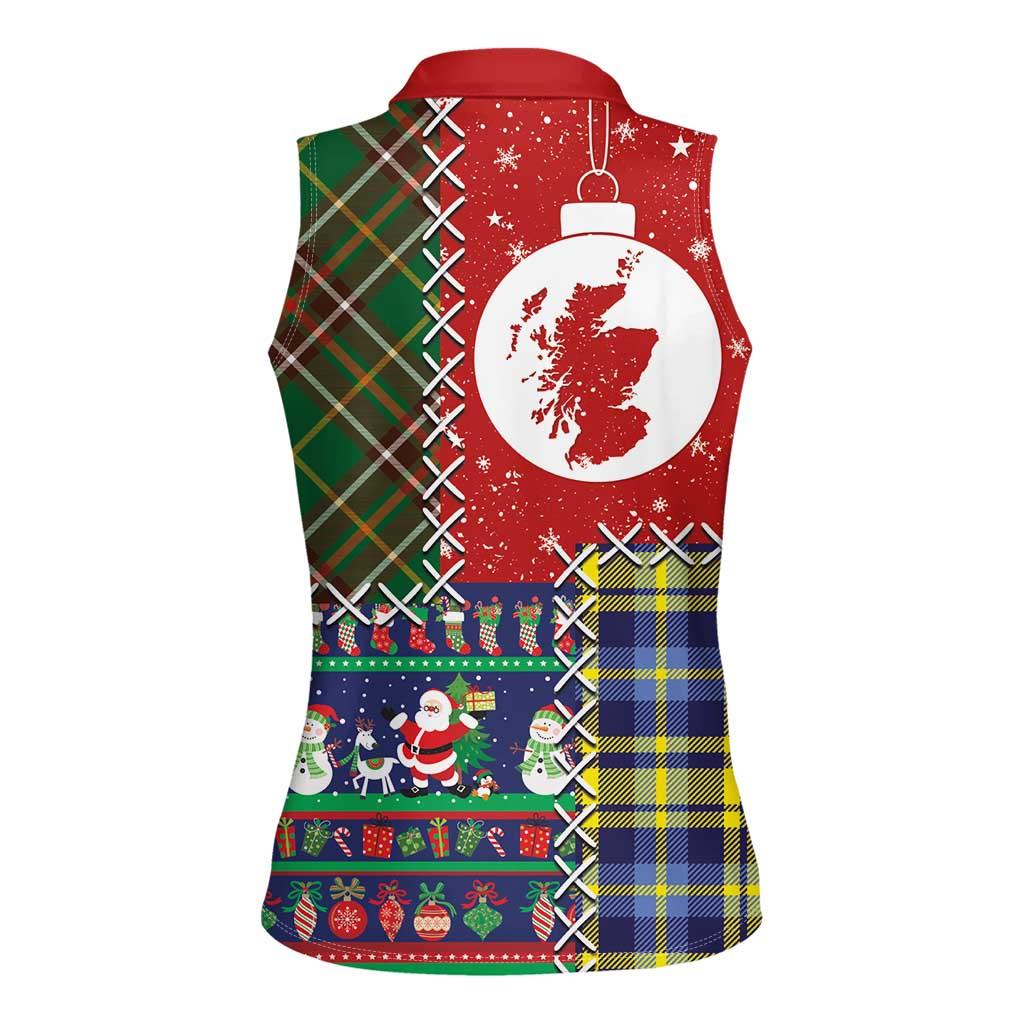 Scottish Christmas Women Sleeveless Polo Shirt Scotland Lion and Xmas Elements Patch Style - Wonder Print Shop
