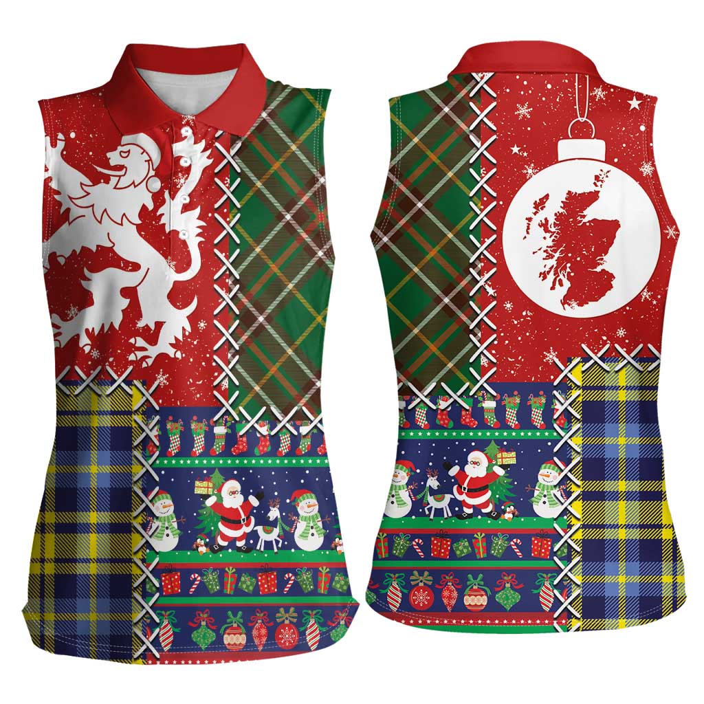 Scottish Christmas Women Sleeveless Polo Shirt Scotland Lion and Xmas Elements Patch Style - Wonder Print Shop