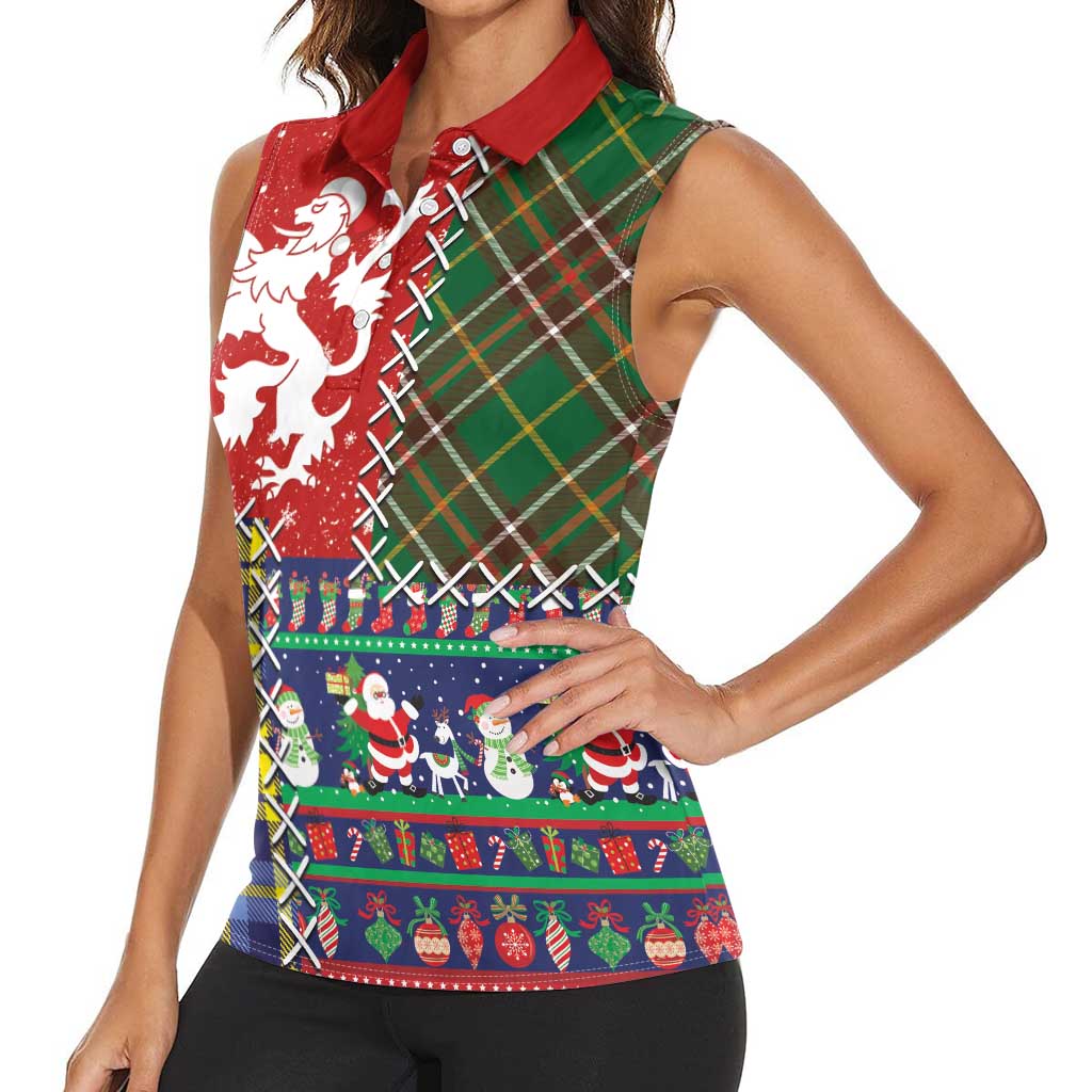 Scottish Christmas Women Sleeveless Polo Shirt Scotland Lion and Xmas Elements Patch Style - Wonder Print Shop