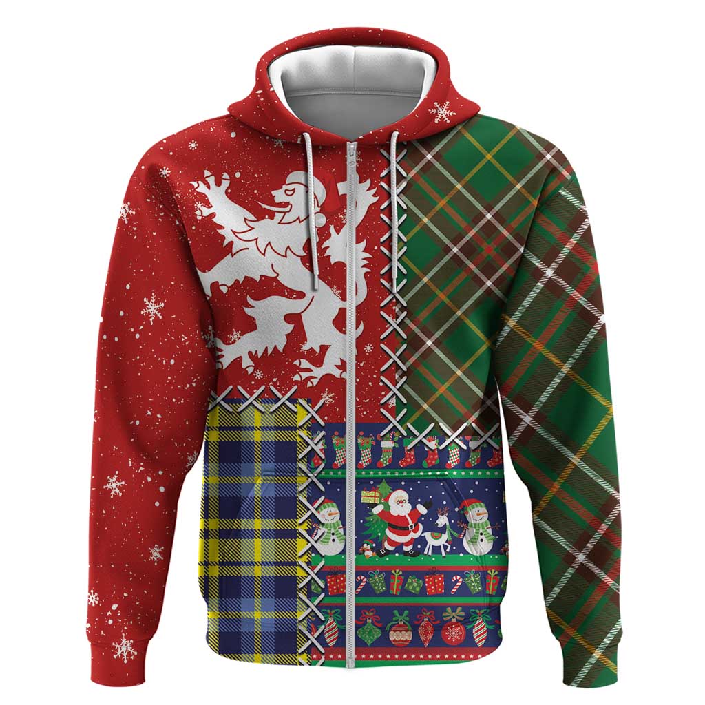 Scottish Christmas Zip Hoodie Scotland Lion and Xmas Elements Patch Style - Wonder Print Shop