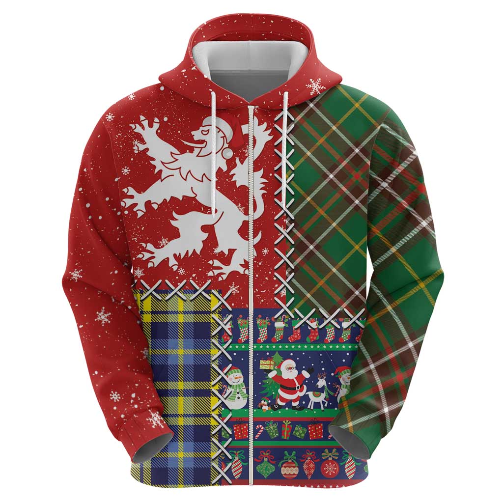 Scottish Christmas Zip Hoodie Scotland Lion and Xmas Elements Patch Style - Wonder Print Shop