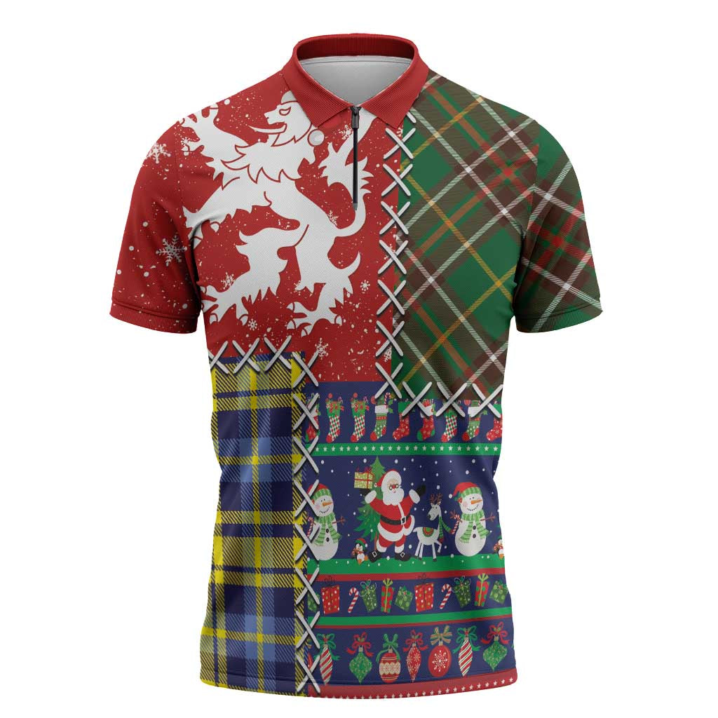 Scottish Christmas Zipper Polo Shirt Scotland Lion and Xmas Elements Patch Style - Wonder Print Shop