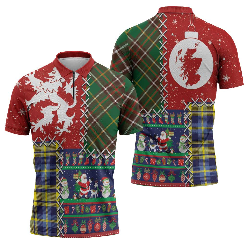 Scottish Christmas Zipper Polo Shirt Scotland Lion and Xmas Elements Patch Style - Wonder Print Shop