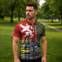 Scottish Christmas Zipper Polo Shirt Scotland Lion and Xmas Elements Patch Style - Wonder Print Shop