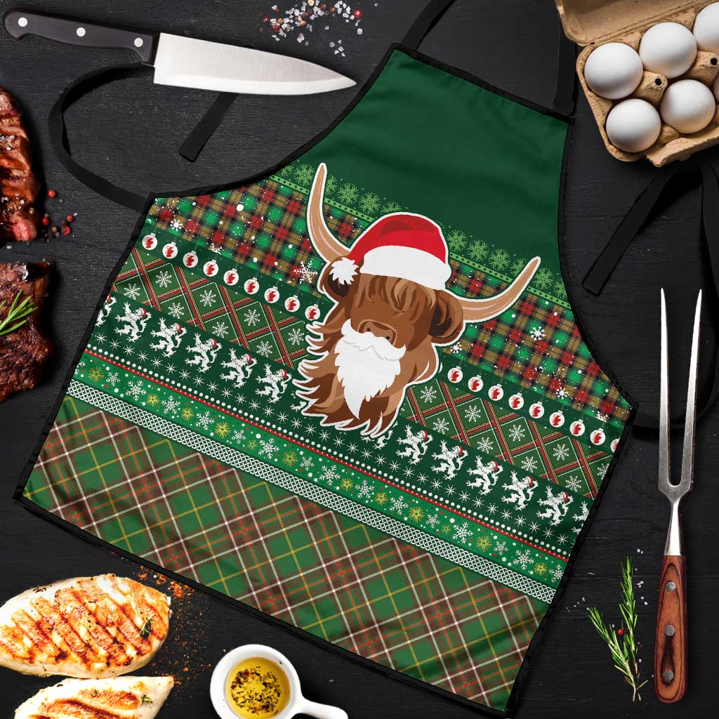 Scottish Christmas Apron Highland Cattle-Xmas Tartan Stripes Style Green Color - Wonder Print Shop