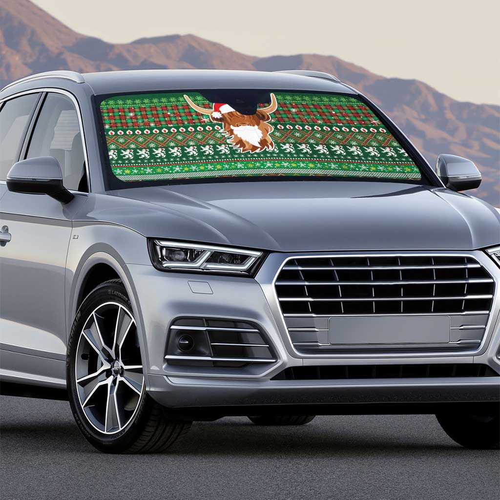 Scottish Christmas Auto Sun Shade Highland Cattle-Xmas Tartan Stripes Style Green Color - Wonder Print Shop