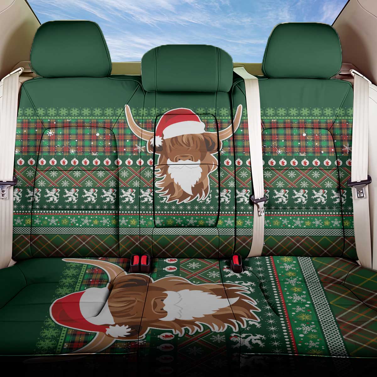 Scottish Christmas Back Car Seat Cover Highland Cattle-Xmas Tartan Stripes Style Green Color - Wonder Print Shop