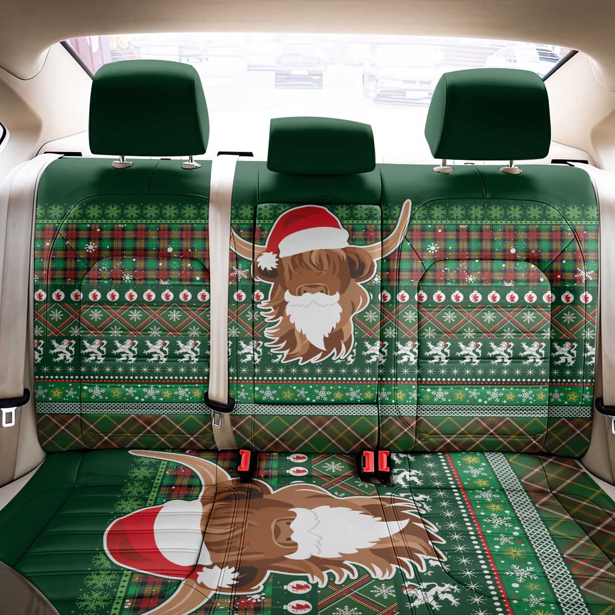 Scottish Christmas Back Car Seat Cover Highland Cattle-Xmas Tartan Stripes Style Green Color - Wonder Print Shop
