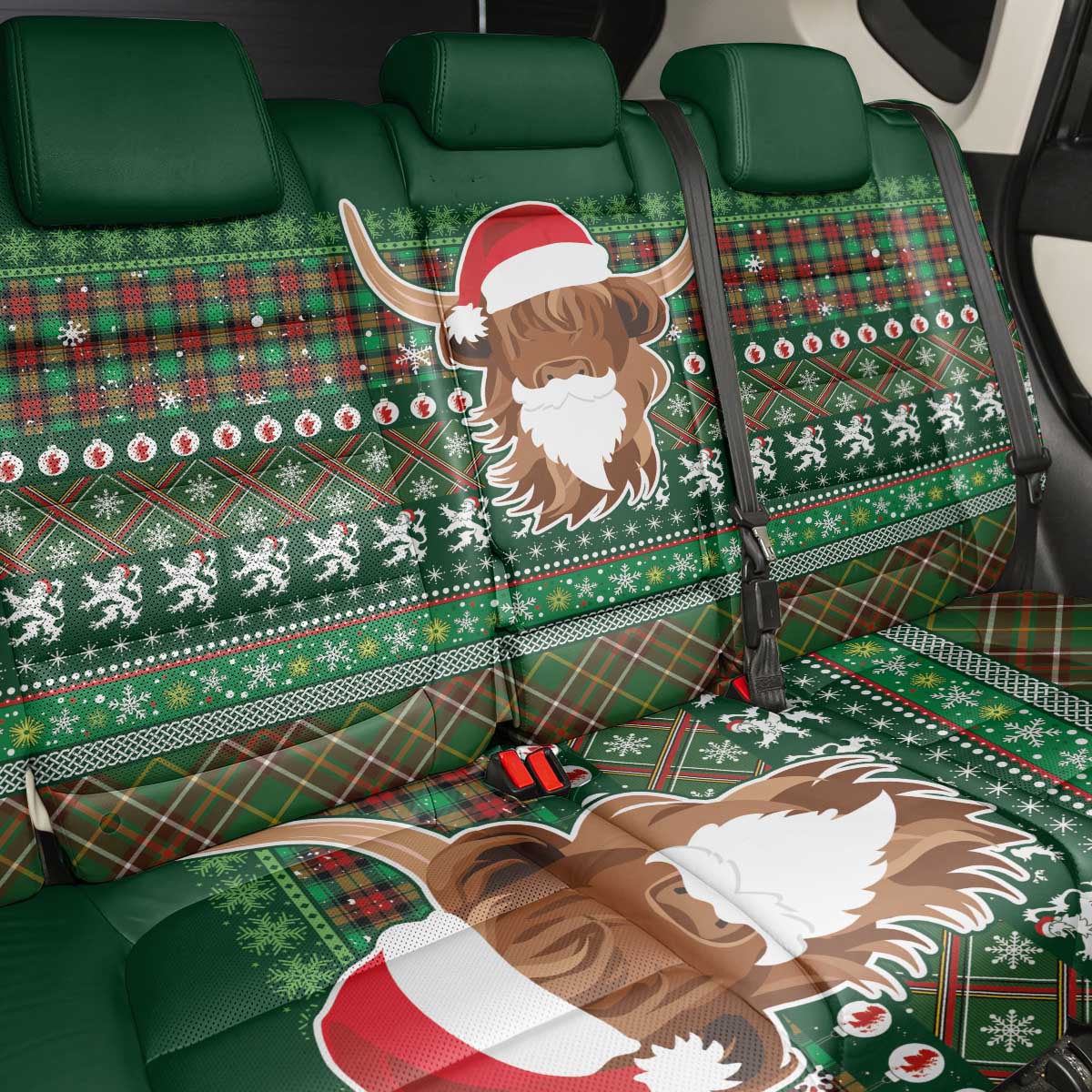 Scottish Christmas Back Car Seat Cover Highland Cattle-Xmas Tartan Stripes Style Green Color - Wonder Print Shop