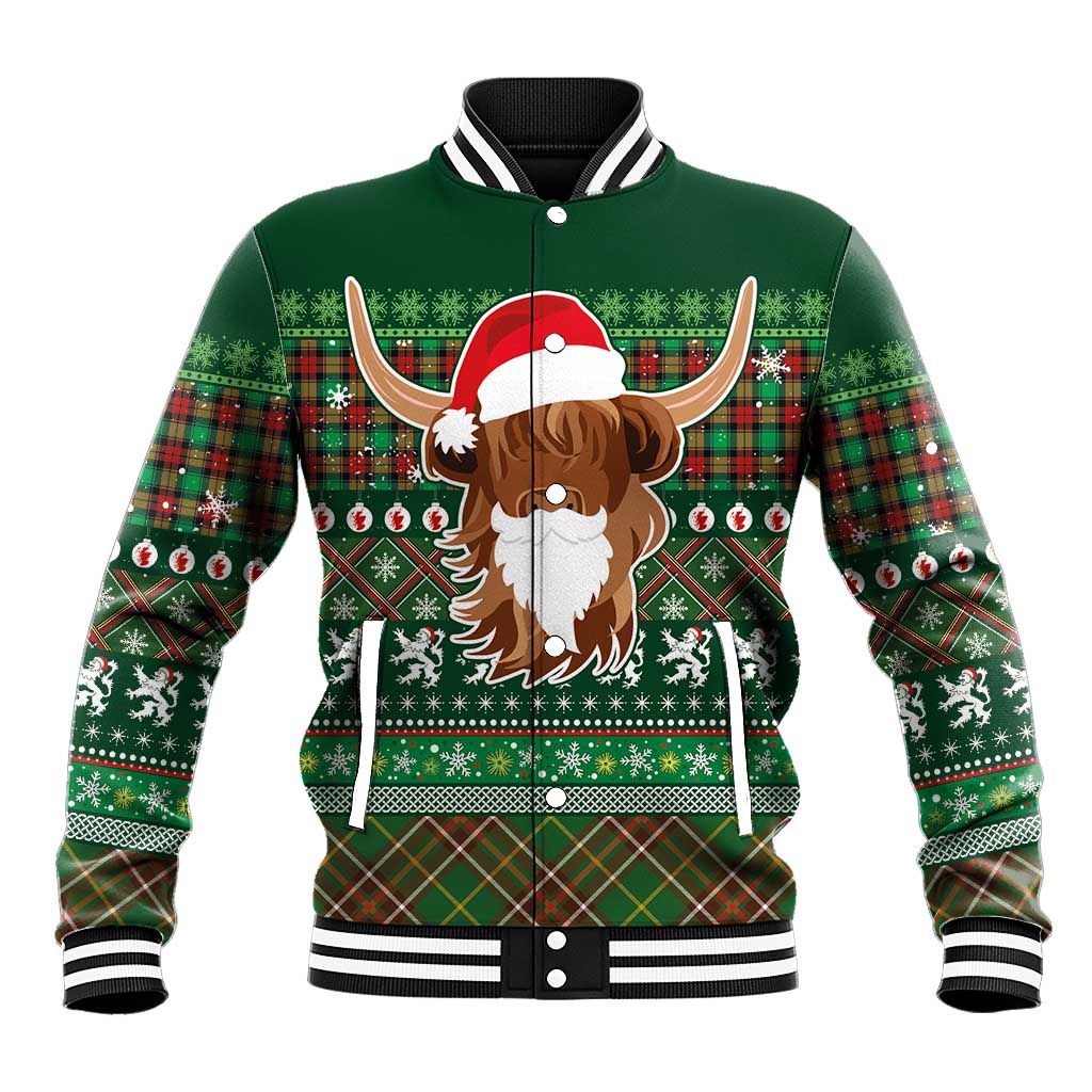 Scottish Christmas Baseball Jacket Highland Cattle-Xmas Tartan Stripes Style Green Color - Wonder Print Shop