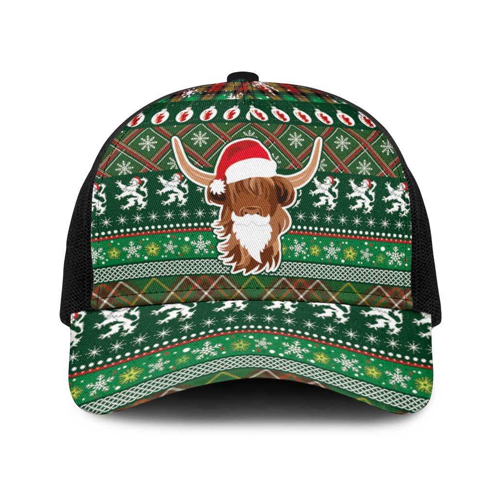 Scottish Christmas Baseball Net Cap Highland Cattle-Xmas Tartan Stripes Style Green Color - Wonder Print Shop