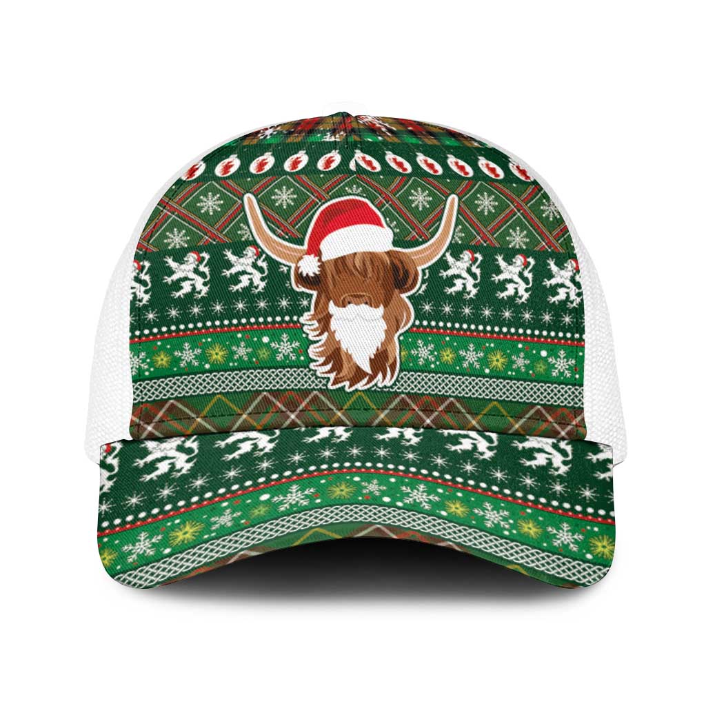 Scottish Christmas Baseball Net Cap Highland Cattle-Xmas Tartan Stripes Style Green Color - Wonder Print Shop