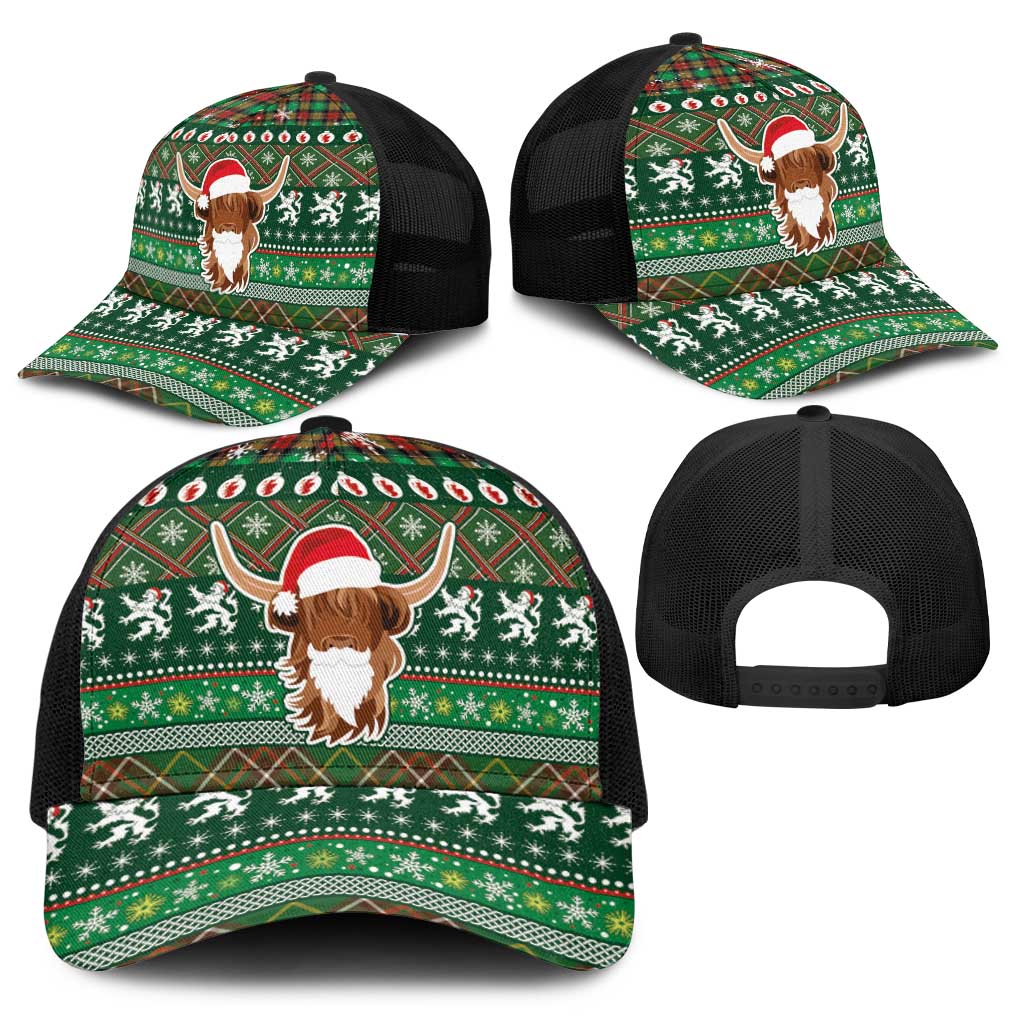 Scottish Christmas Baseball Net Cap Highland Cattle-Xmas Tartan Stripes Style Green Color - Wonder Print Shop