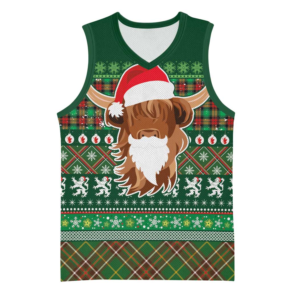 Scottish Christmas Basketball Jersey Highland Cattle-Xmas Tartan Stripes Style Green Color - Wonder Print Shop