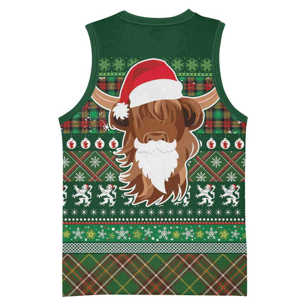 Scottish Christmas Basketball Jersey Highland Cattle-Xmas Tartan Stripes Style Green Color - Wonder Print Shop