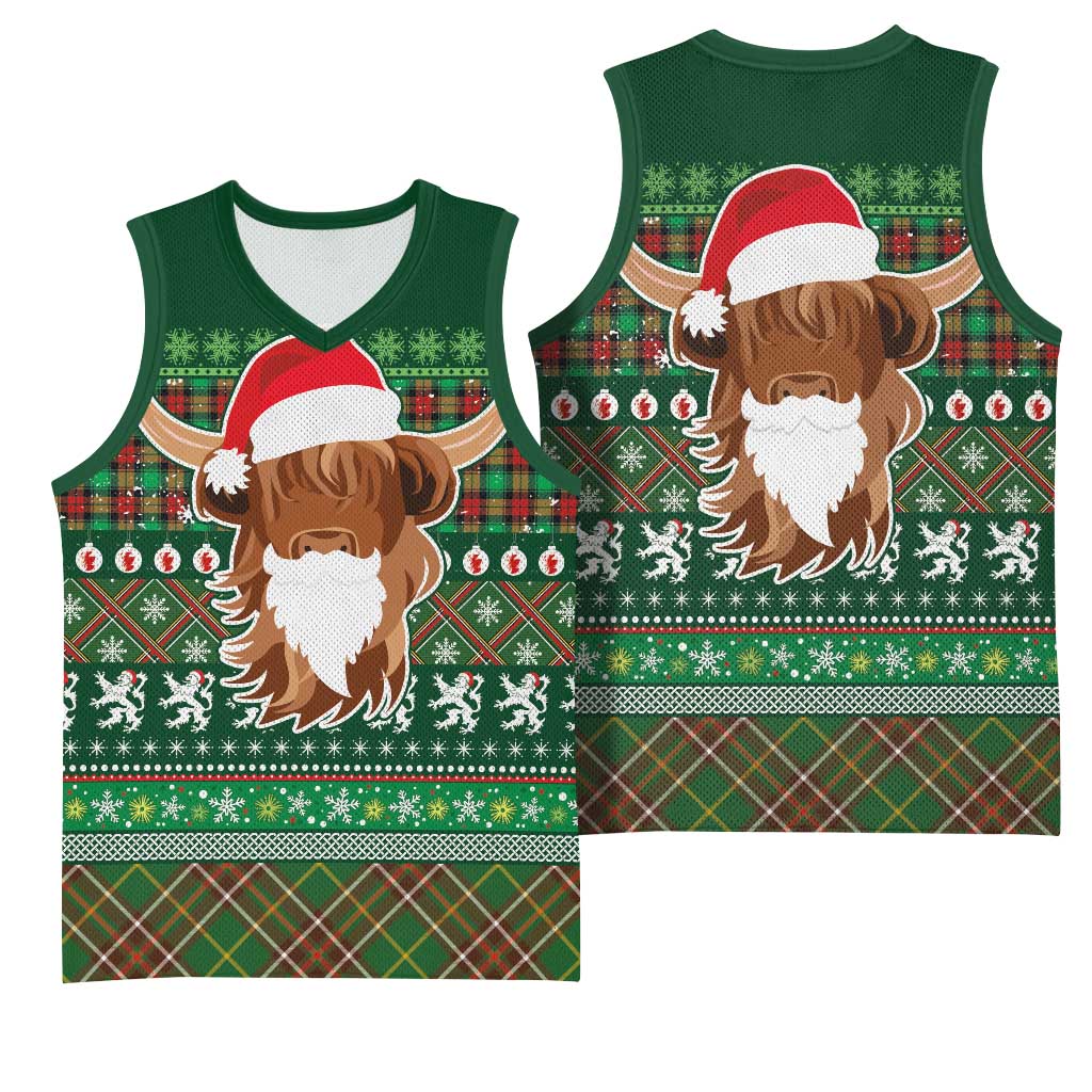 Scottish Christmas Basketball Jersey Highland Cattle-Xmas Tartan Stripes Style Green Color - Wonder Print Shop