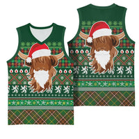 Scottish Christmas Basketball Jersey Highland Cattle-Xmas Tartan Stripes Style Green Color - Wonder Print Shop