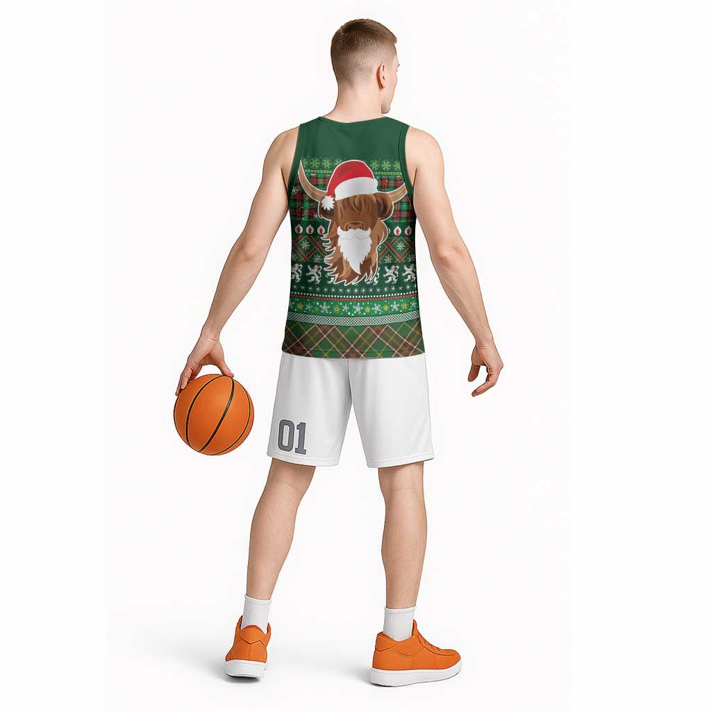 Scottish Christmas Basketball Jersey Highland Cattle-Xmas Tartan Stripes Style Green Color - Wonder Print Shop