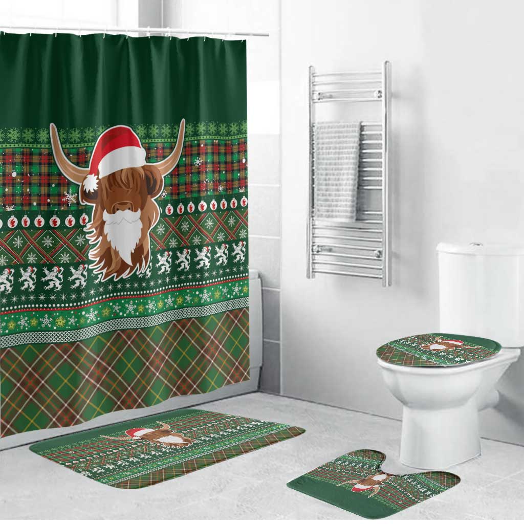 Scottish Christmas Bathroom Set Highland Cattle-Xmas Tartan Stripes Style Green Color - Wonder Print Shop