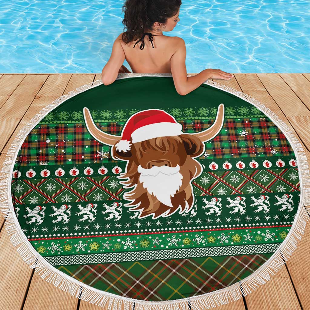 Scottish Christmas Beach Blanket Highland Cattle-Xmas Tartan Stripes Style Green Color - Wonder Print Shop