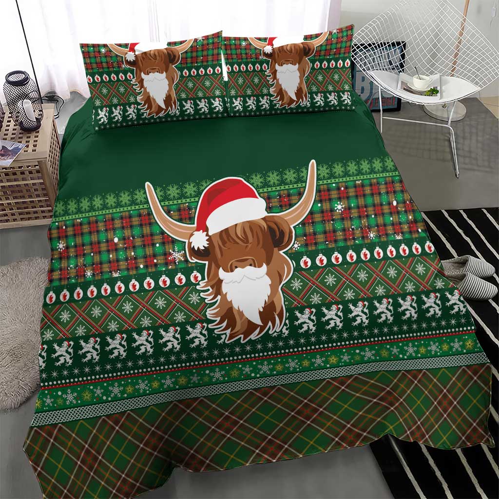 Scottish Christmas Bedding Set Highland Cattle-Xmas Tartan Stripes Style Green Color - Wonder Print Shop
