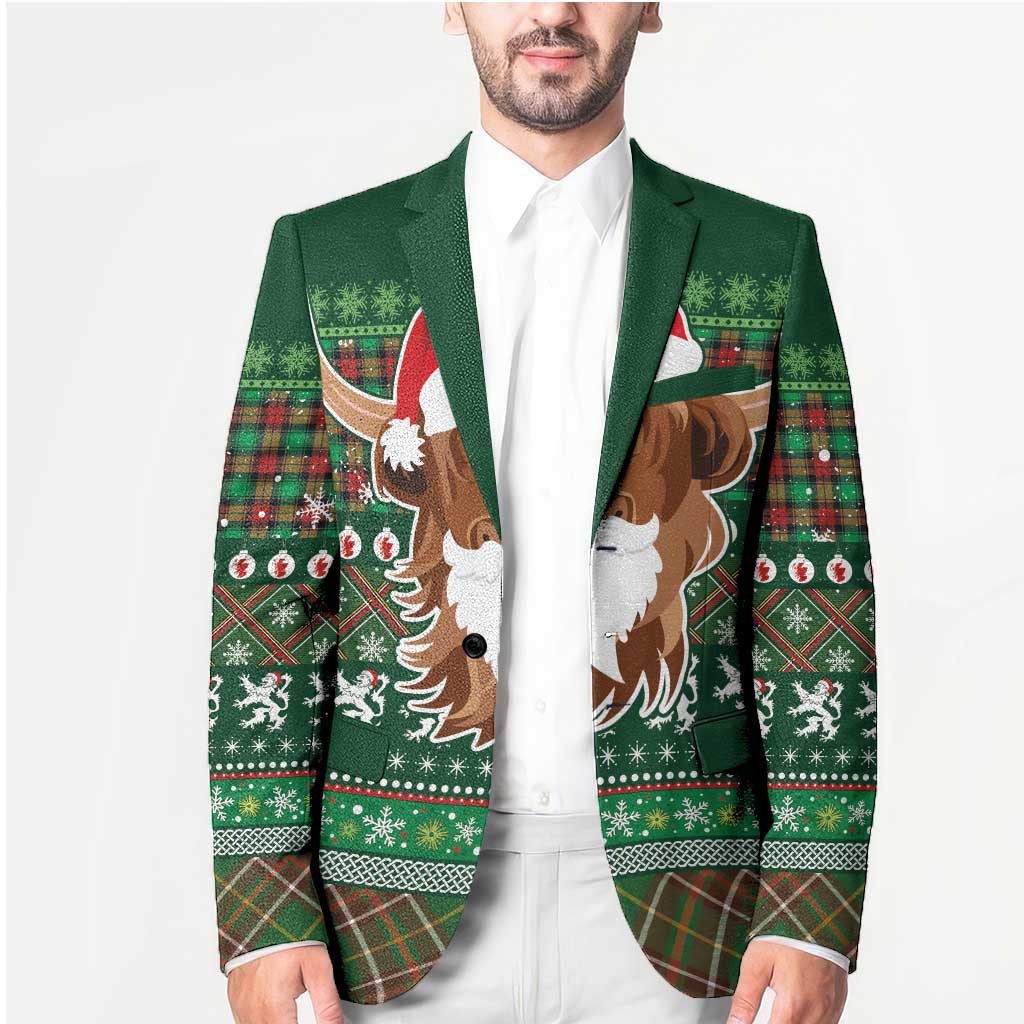 Scottish Christmas Blazer Highland Cattle-Xmas Tartan Stripes Style Green Color - Wonder Print Shop