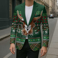 Scottish Christmas Blazer Highland Cattle-Xmas Tartan Stripes Style Green Color - Wonder Print Shop