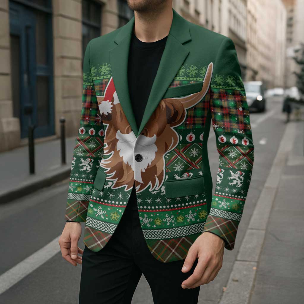 Scottish Christmas Blazer Highland Cattle-Xmas Tartan Stripes Style Green Color - Wonder Print Shop