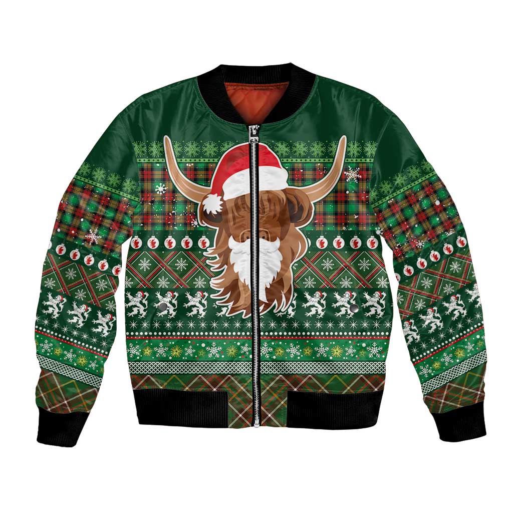 Scottish Christmas Bomber Jacket Highland Cattle-Xmas Tartan Stripes Style Green Color - Wonder Print Shop