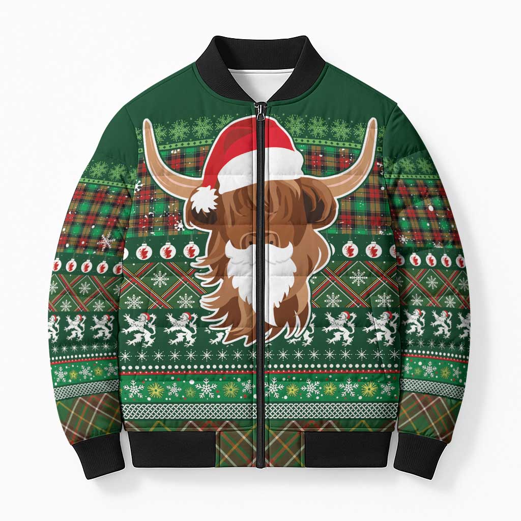 Scottish Christmas Bomber Puffer Jacket Highland Cattle-Xmas Tartan Stripes Style Green Color - Wonder Print Shop