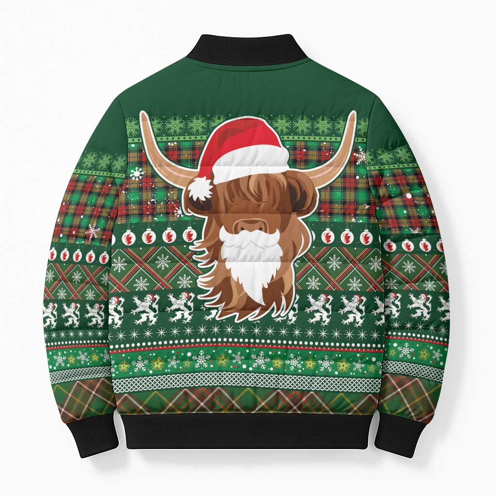 Scottish Christmas Bomber Puffer Jacket Highland Cattle-Xmas Tartan Stripes Style Green Color - Wonder Print Shop
