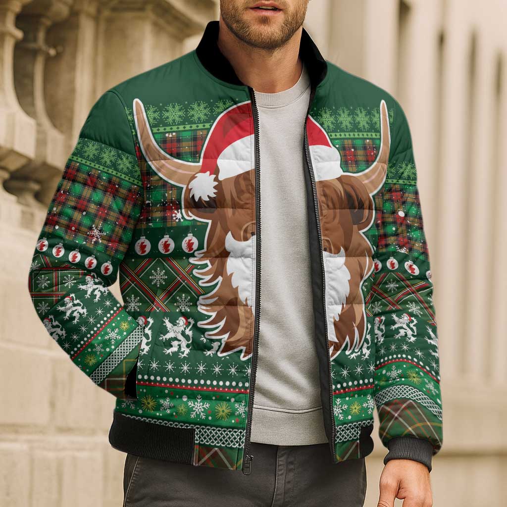 Scottish Christmas Bomber Puffer Jacket Highland Cattle-Xmas Tartan Stripes Style Green Color - Wonder Print Shop