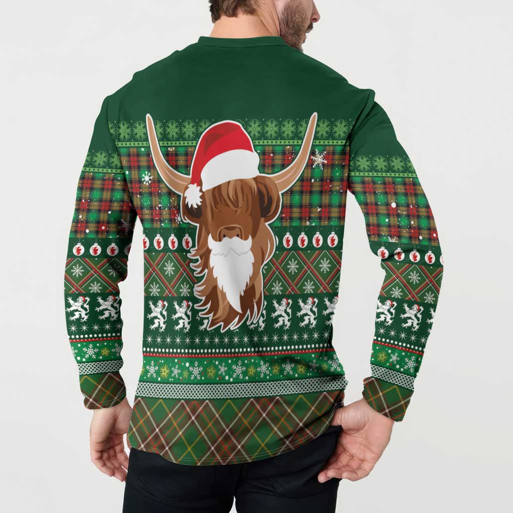 Scottish Christmas Button Sweatshirt Highland Cattle-Xmas Tartan Stripes Style Green Color - Wonder Print Shop