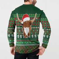 Scottish Christmas Button Sweatshirt Highland Cattle-Xmas Tartan Stripes Style Green Color - Wonder Print Shop