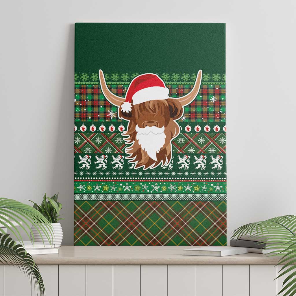 Scottish Christmas Canvas Wall Art Highland Cattle-Xmas Tartan Stripes Style Green Color - Wonder Print Shop