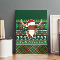 Scottish Christmas Canvas Wall Art Highland Cattle-Xmas Tartan Stripes Style Green Color - Wonder Print Shop