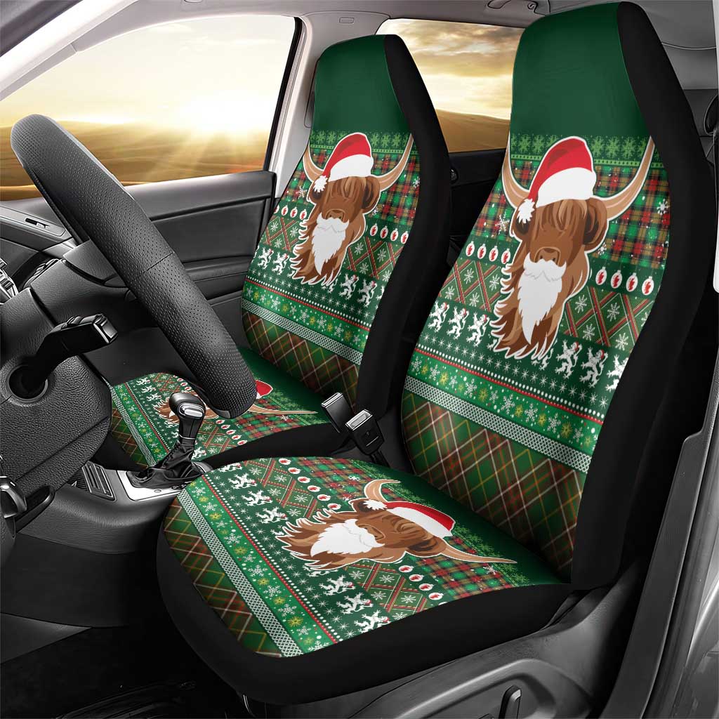 Scottish Christmas Car Seat Cover Highland Cattle-Xmas Tartan Stripes Style Green Color - Wonder Print Shop