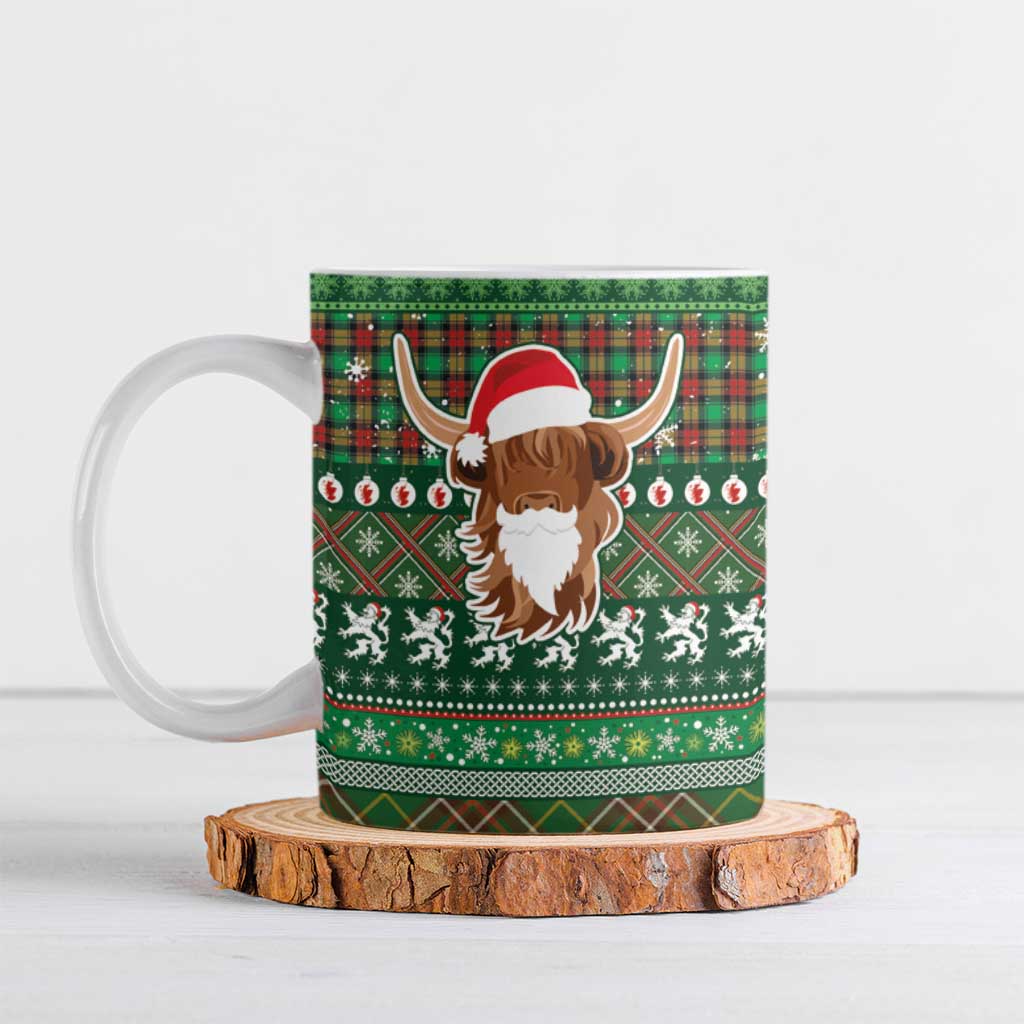 Scottish Christmas Ceramic Mug Highland Cattle-Xmas Tartan Stripes Style Green Color - Wonder Print Shop