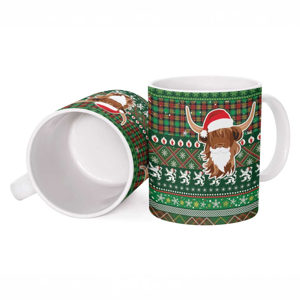 Scottish Christmas Ceramic Mug Highland Cattle-Xmas Tartan Stripes Style Green Color - Wonder Print Shop