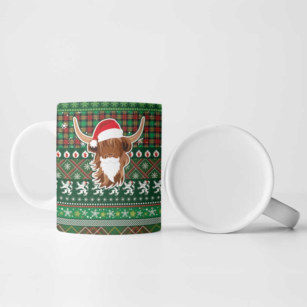Scottish Christmas Ceramic Mug Highland Cattle-Xmas Tartan Stripes Style Green Color - Wonder Print Shop