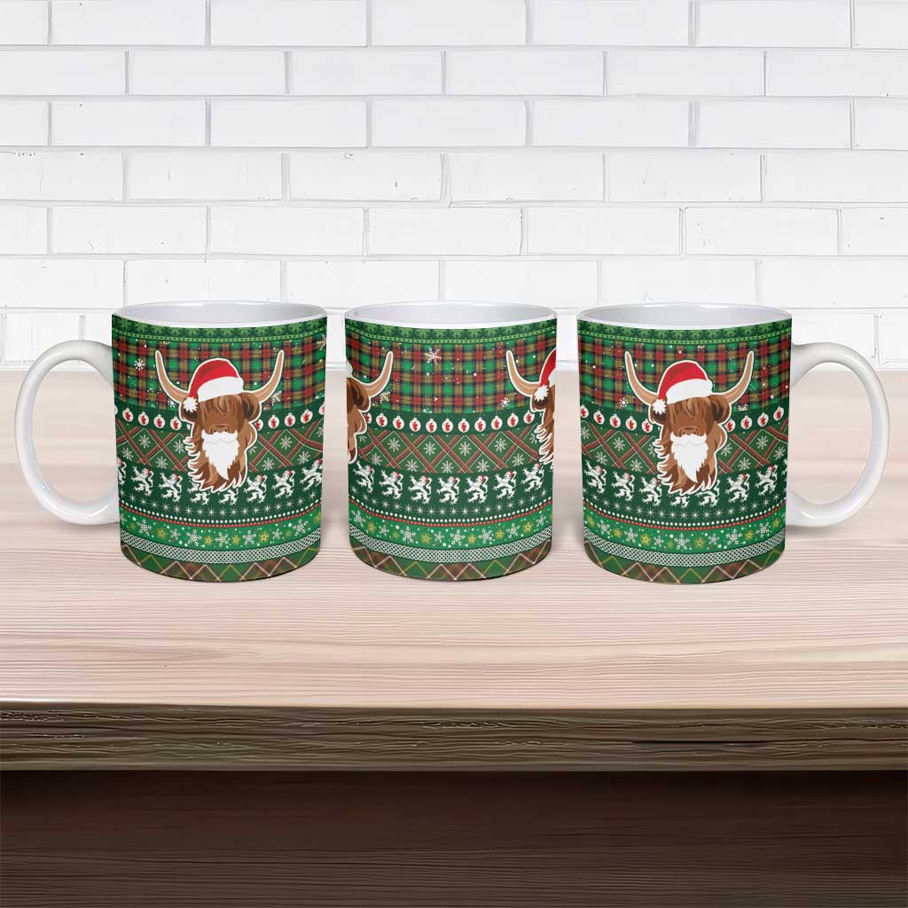 Scottish Christmas Ceramic Mug Highland Cattle-Xmas Tartan Stripes Style Green Color - Wonder Print Shop