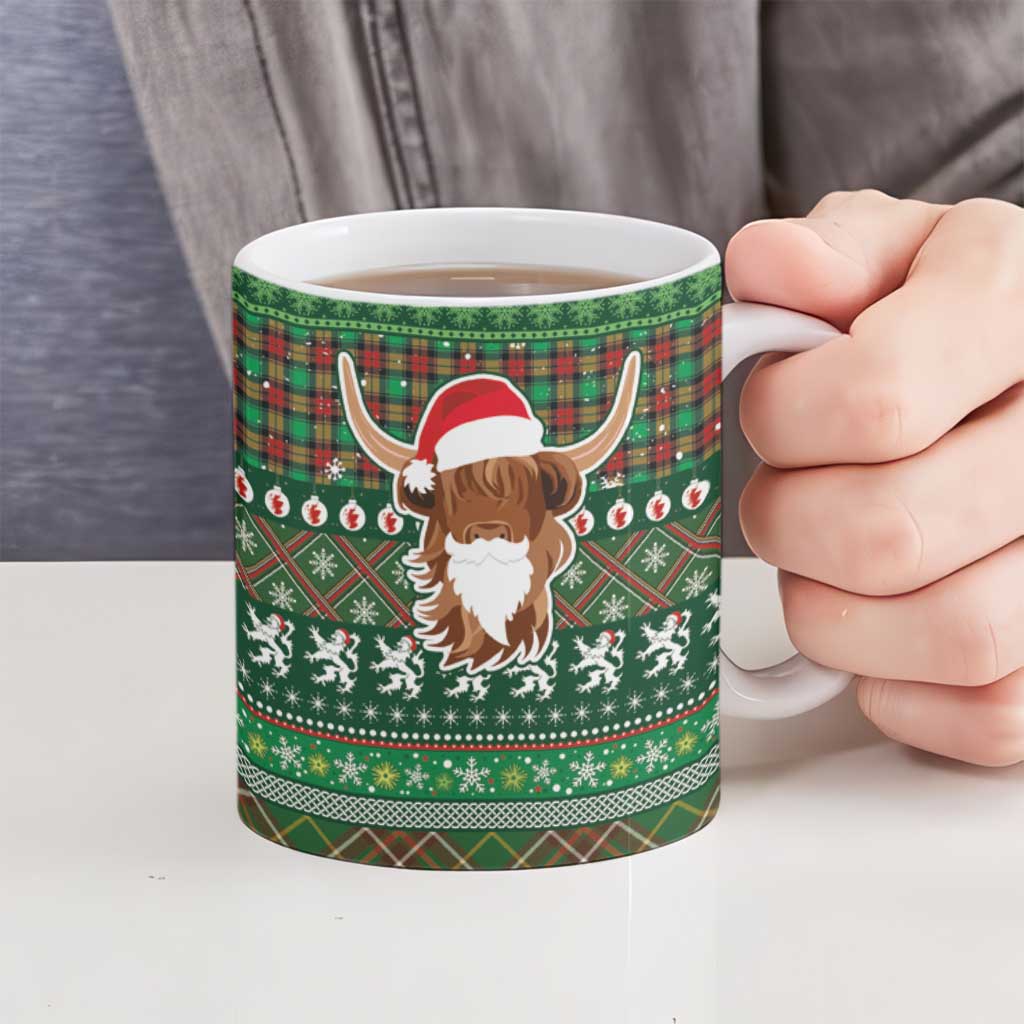 Scottish Christmas Ceramic Mug Highland Cattle-Xmas Tartan Stripes Style Green Color - Wonder Print Shop