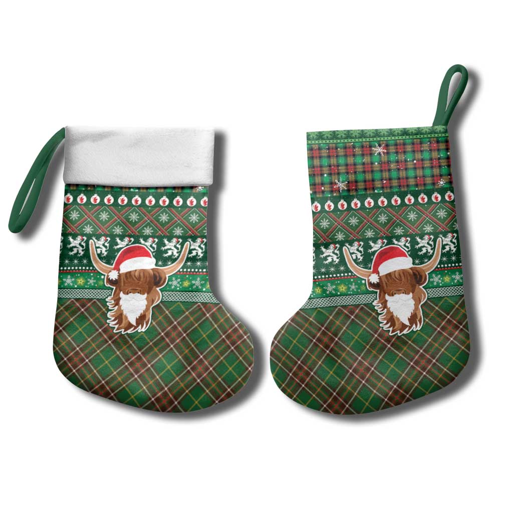 Scottish Christmas Stocking Highland Cattle-Xmas Tartan Stripes Style Green Color - Wonder Print Shop