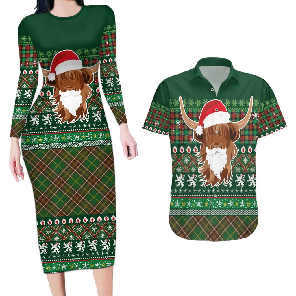 Scottish Christmas Couples Matching Long Sleeve Bodycon Dress and Hawaiian Shirt Highland Cattle-Xmas Tartan Stripes Style Green Color - Wonder Print Shop