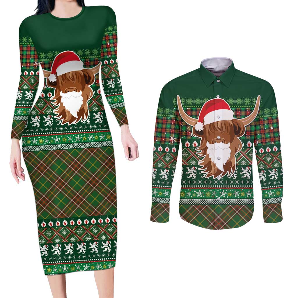 Scottish Christmas Couples Matching Long Sleeve Bodycon Dress and Long Sleeve Button Shirt Highland Cattle-Xmas Tartan Stripes Style Green Color - Wonder Print Shop