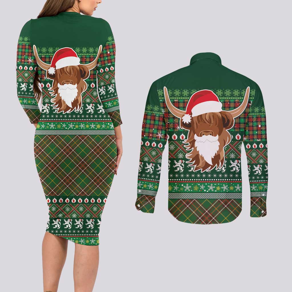 Scottish Christmas Couples Matching Long Sleeve Bodycon Dress and Long Sleeve Button Shirt Highland Cattle-Xmas Tartan Stripes Style Green Color - Wonder Print Shop
