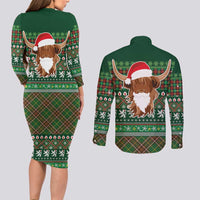 Scottish Christmas Couples Matching Long Sleeve Bodycon Dress and Long Sleeve Button Shirt Highland Cattle-Xmas Tartan Stripes Style Green Color - Wonder Print Shop